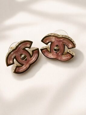Chanel Pink And Gold Enamel CC Earrings